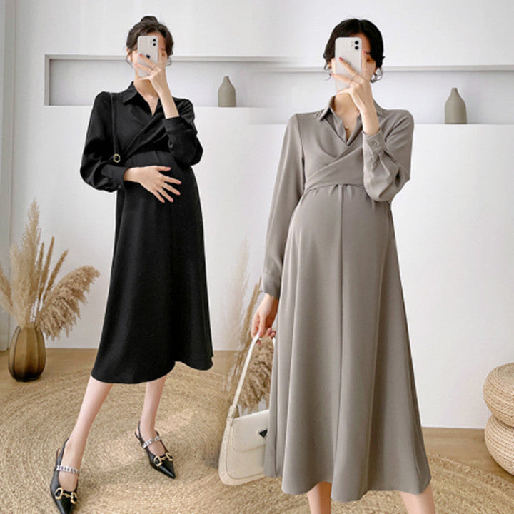 Discover the Elegance of Maternity Wear with Our Women's Elegant Long Lapel Maternity Dress